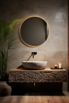 A modern washroom interior with a round lighted mirror above the overhead sink, a hanging wooden cabinet with decor, a large plant in a wicker pot, warm lighting, a marble wall, and a wooden floor.