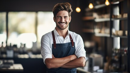Obraz premium Portrait of a handsome barista in apron standing at a modern coffee shop, 