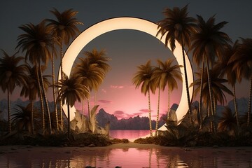 Obraz premium Blue neon frame on a fantasy landscape with pink clouds in the background,