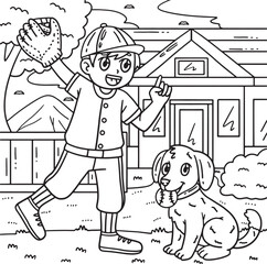 Boy and Dog Biting Baseball Coloring Page for Kids