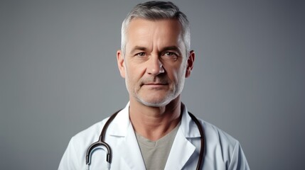 Portrait of friendly middle aged european male doctor in workwear with stethoscope  - obrazy, fototapety, plakaty