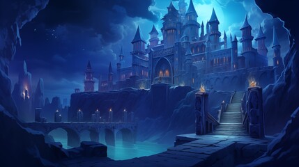 A dark-fantasy realm featuring a castle perched on a jagged mountain. Digital concept, illustration painting.