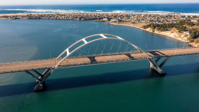 Aslea Bridge in Waldport, Oregon Coast, United States - Aerial Photograph toward the Pacific Ocean