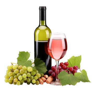 rose wine bottle, glass wine and grapes isolated on transparent or white background, png photo
