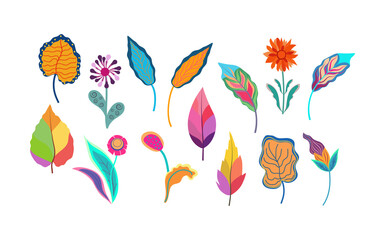 Set of bright autumn leaves and flowers.
