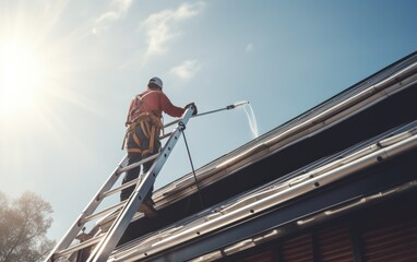 side view of Worker standing on ladder and cleaning house metal roof  - Powered by Adobe