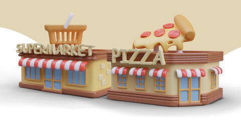 Naklejka premium Realistic buildings of supermarket and pizzeria nearby. Concept of joint business. Trade union, partnership. Color vector banner in cartoon style, place for advertising text