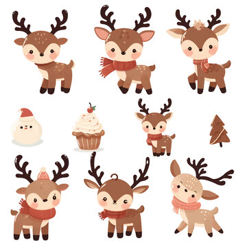 set of christmas reindeer. Merry Christmas watercolors cute reindeer on white background