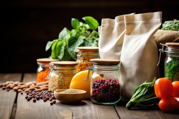 Reusable cotton bags and glass jars with grains, nuts, and greens for eco-friendly shopping. Zero waste lifestyle.