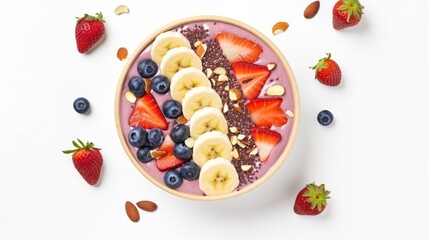 Fototapeta na wymiar Fresh fruit smoothie bowl with strawberries, bananas, and nuts. Healthy food and lifestyle.