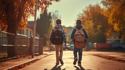 The back of Two boys with backpacks on bicycles going to school.  - obrazy, fototapety, plakaty