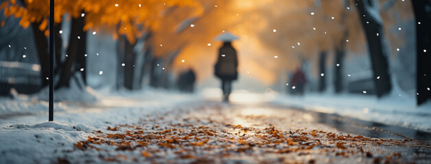 Cute girl walking on cold day in winter through a road with an umbrella and winter jacket in day time through street and surrounded by snow covered trees  - obrazy, fototapety, plakaty