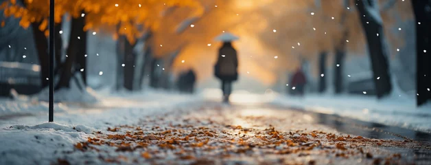Foto op Plexiglas Cute girl walking on cold day in winter through a road with an umbrella and winter jacket in day time through street and surrounded by snow covered trees  © Sudarshana