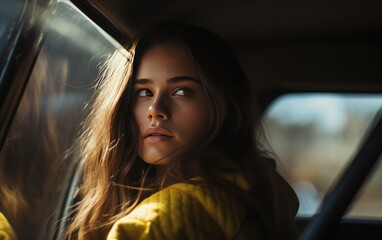 Young woman looking away out of the open window of a car 
