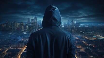 Back of hacker wearing hoodie against big city background, computer virus, electronic theft - obrazy, fototapety, plakaty
