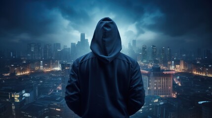 Back of hacker wearing hoodie against big city background, computer virus, electronic theft - obrazy, fototapety, plakaty
