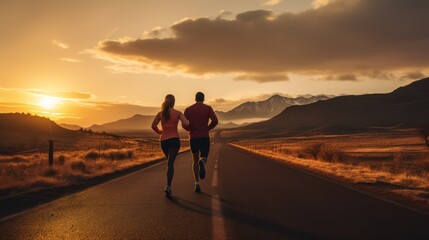 Fototapeta na wymiar Two runners on the road towards the sunset, runners with beautiful landscape, goal concept