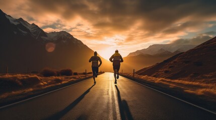 Two runners on the road towards the sunset, runners with beautiful landscape, goal concept - obrazy, fototapety, plakaty