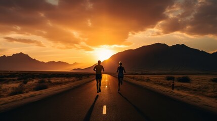 Two runners on the road towards the sunset, runners with beautiful landscape, goal concept - obrazy, fototapety, plakaty