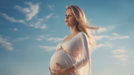 Pregnant woman with beautiful sky background, profile of pregnant woman