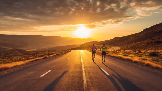Two runners on the road towards the sunset, runners with beautiful landscape, goal concept