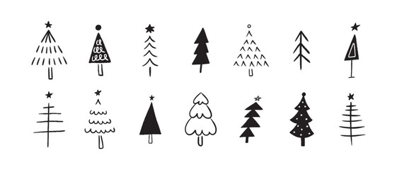 Hand drawn Christmas trees collection. Set doodle woods isolated on white background