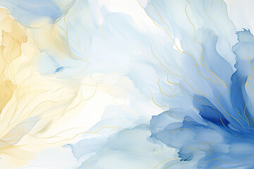 a painting of blue and yellow colors on a white background. Abstract Cerulean color Florals - obrazy, fototapety, plakaty