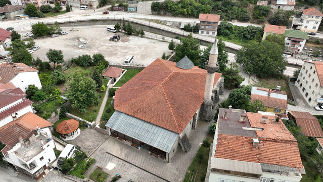 Niksar Grand Mosque was built in 1145. A photo of the mosque taken with a drone. Niksar, Tokat, Turkey.