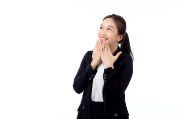 Portrait happy young asian businesswoman in suit surprise excited with satisfied with success and amazed isolated white background, happiness business woman shock with emotion and expression.