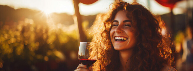 Portrait of a beautiful smiling girl with a glass of wine with a blurred backdrop of vineyard on a sunset. Generative AI