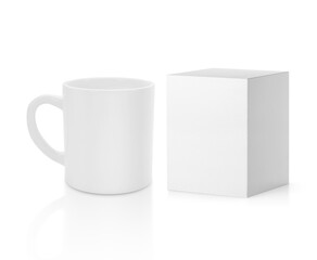 Coffee cup and blank packaging white cardboard box. transparent background