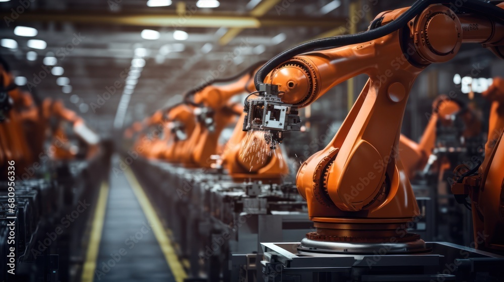 Aufkleber robot industry Robot arm engineering factory moves in different directions High-tech industrial technology using modern machine learning close-up