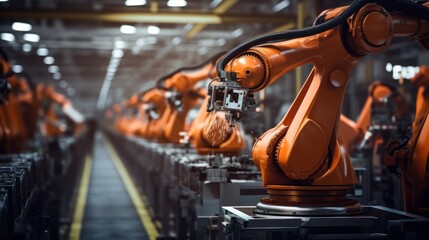 robot industry Robot arm engineering factory moves in different directions High-tech industrial technology using modern machine learning close-up