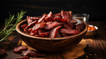 Board with spicy beef jerky on dark background.