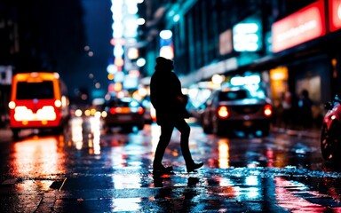 Fototapeta premium Dusk Rain Capturing the Shimmer of Urban Life in the Rain ai generated