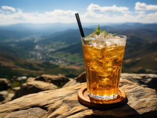 A glass of soda with ice, mint and a straw on the top of the mountain