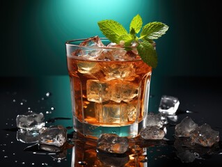 A glass of soda with ice, mint and a straw. Studio photography