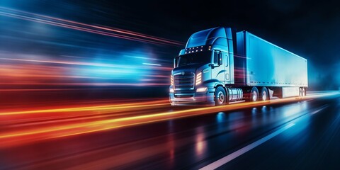 Nighttime Truck Motion Blur and Light Trails on Road. Generative ai - obrazy, fototapety, plakaty