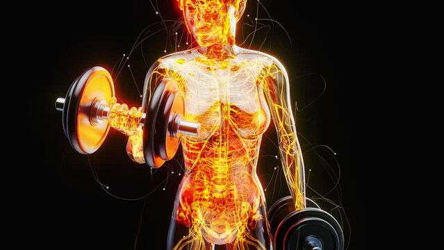 4K abstract animation of a woman with weights
