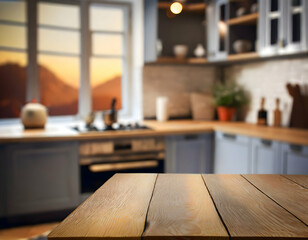 Empty Wooden Table with Blurred Kitchen Background