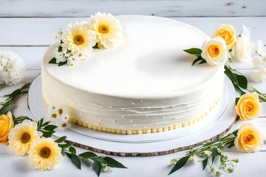 Three-tiered white wedding cake decorated with flowers from mastic on a white wooden table. Picture for a menu or a confectionery catalog. Top view