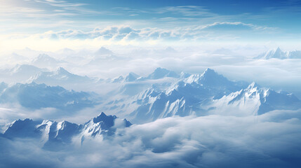 Fototapeta na wymiar A snowy and forested mountain range, viewpoint from space above