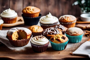 Selection of freshly baked muffins or cupcakes with icing, on table on light background in room interior