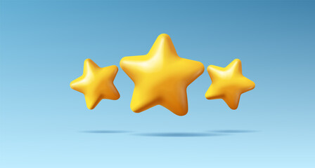 Golden 3D stars on the blue sky, background. For game design, and web development. Concept of star event, winner, award. Vector