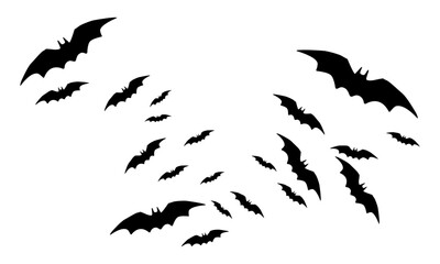 Bats icon set. Bat black silhouette with wings isolated white background