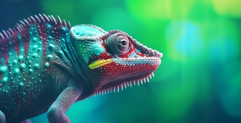 Beautiful close-up of Chameleon on green background. Change and adaptation concept. Generative AI - obrazy, fototapety, plakaty