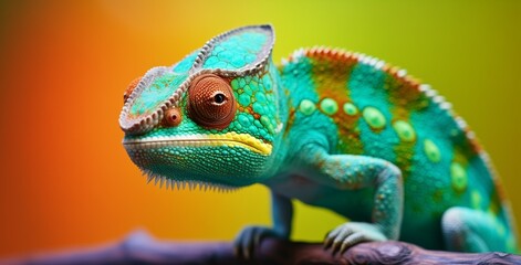 Chameleon on orange background. Change and adaptation concept. Generative AI