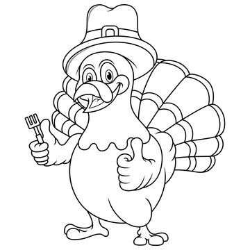 Thanksgiving turkey mascot holding fork and wearing a pilgrim hat line art