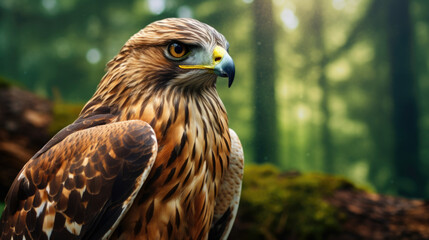 Obraz premium Red-Tailed Hawk perched on a branch in a forest