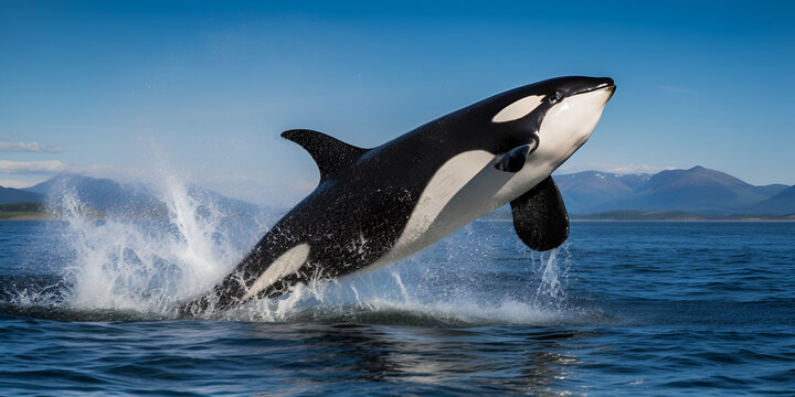 real photo Killer Whale (Orcinus orca), Kamchatka s orca performing impressive leap in Northwest Pacific, Orca killer whale jumping out of water, generative AI